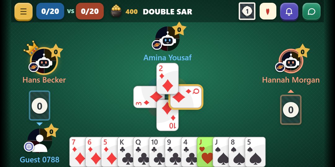 A game of Court Piece in the app: a trick on the table, and a hand of cards at the foot of the screen