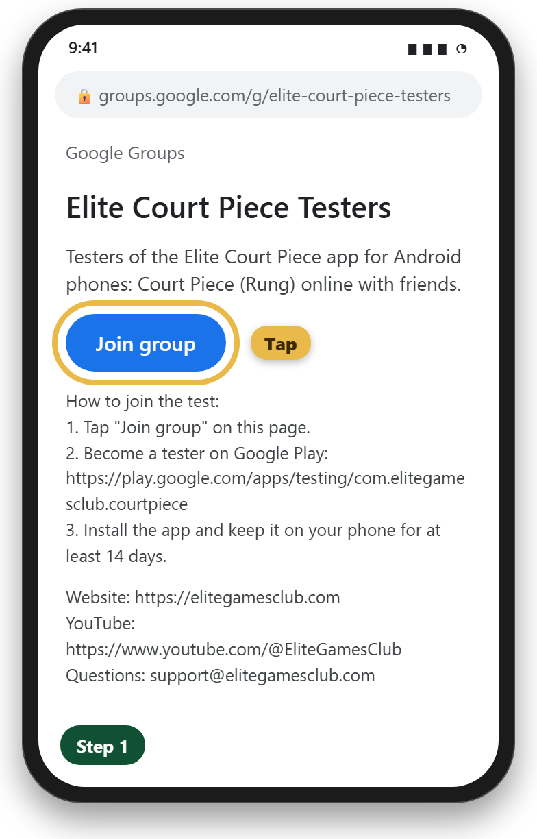 A phone showing the Elite Court Piece Testers group, its Join group button ringed in gold