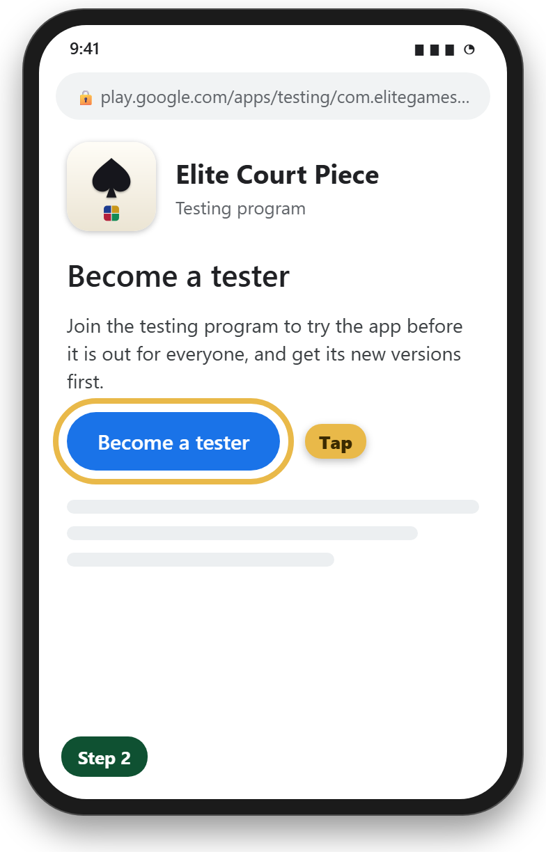 A phone showing Google Play’s testing page for Elite Court Piece, its Become a tester button ringed in gold
