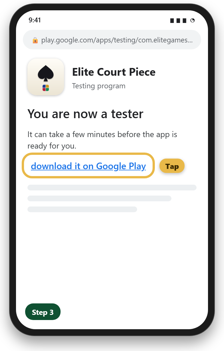 A phone showing “You are now a tester”, the link “download it on Google Play” ringed in gold