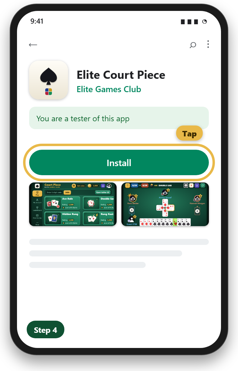 A phone showing Elite Court Piece on Google Play, its Install button ringed in gold