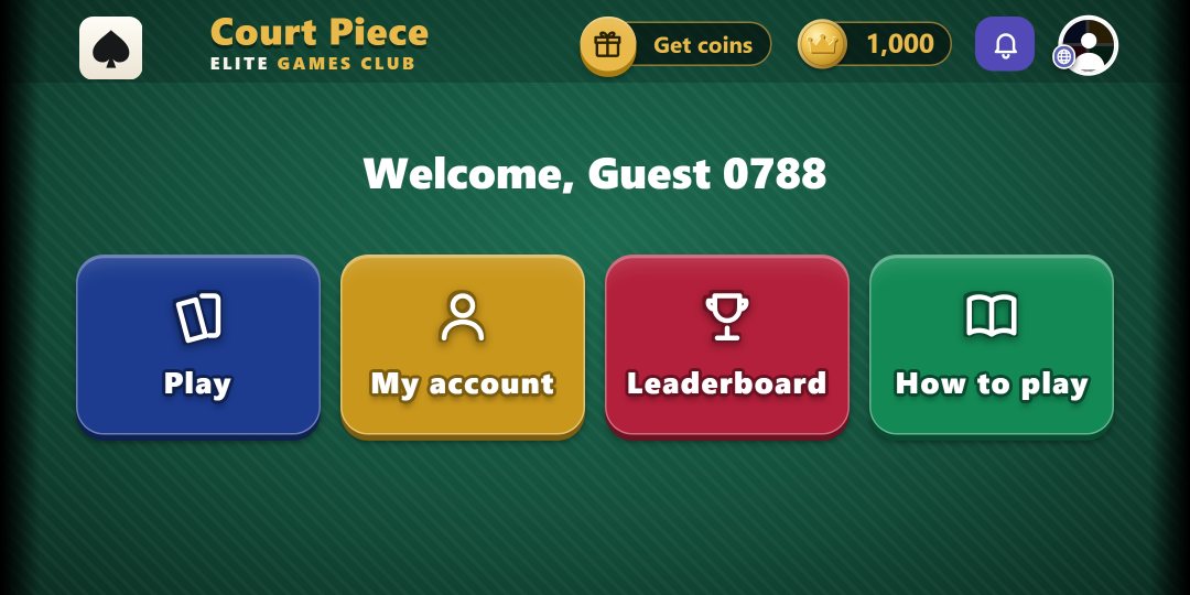 The app’s Welcome back screen: Play, My account, Leaderboard and How to play