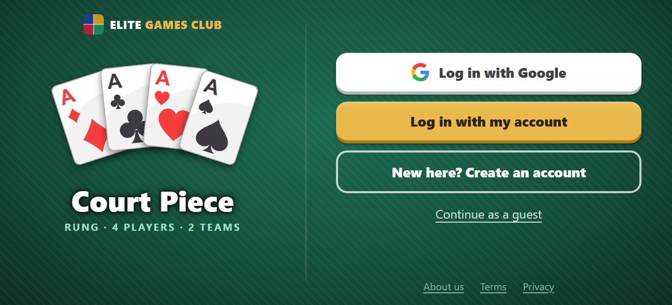A sketch of the Court Piece app’s welcome screen: the four aces fanned out, and the ways to log in