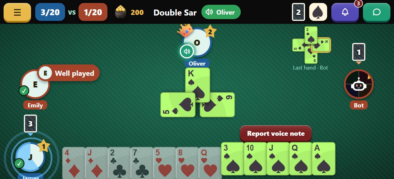 A sketch of a game of Court Piece in the app, held sideways: four players round the table and a hand of cards