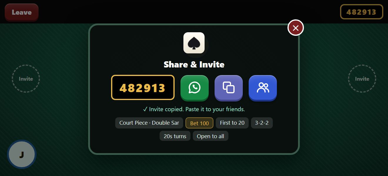 A sketch of Share & Invite in the app: the table’s code, and keys for WhatsApp, copying and friends