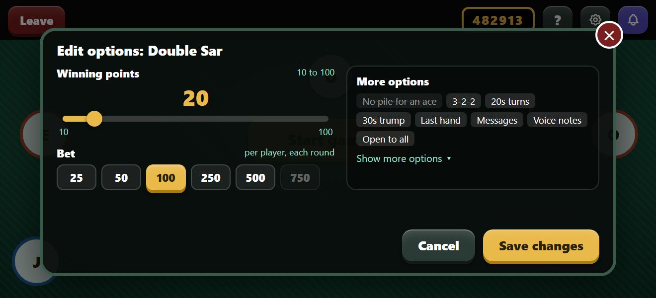 A sketch of the table’s options in the app: the winning points, the bet, and the rules as pills