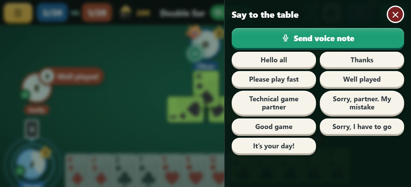 A sketch of the messages panel open beside a game in the app: Send voice note, then nine ready-made messages